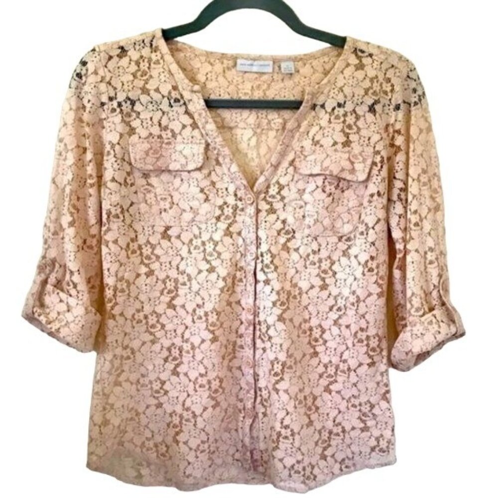 New York & Company Womens Blush Pink Floral Lace Button-Up Blouse Size XS Sp
